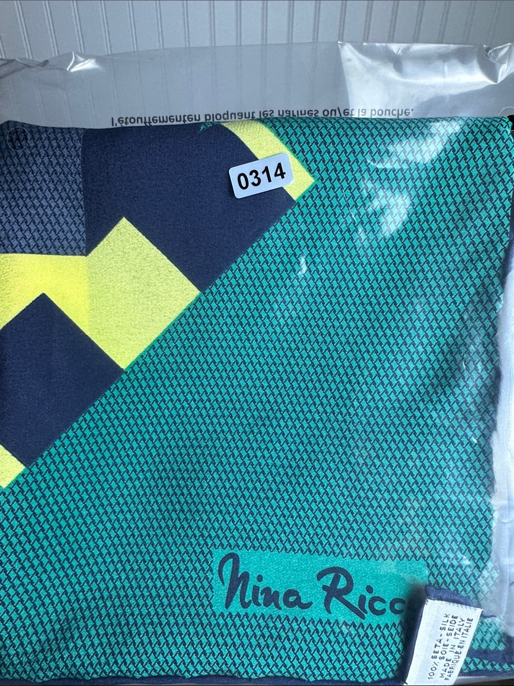 Nina Ricci Teal, Navy & Yellow Graphic Square Silk Scarf Italy 30x30 - Picture 7 of 7